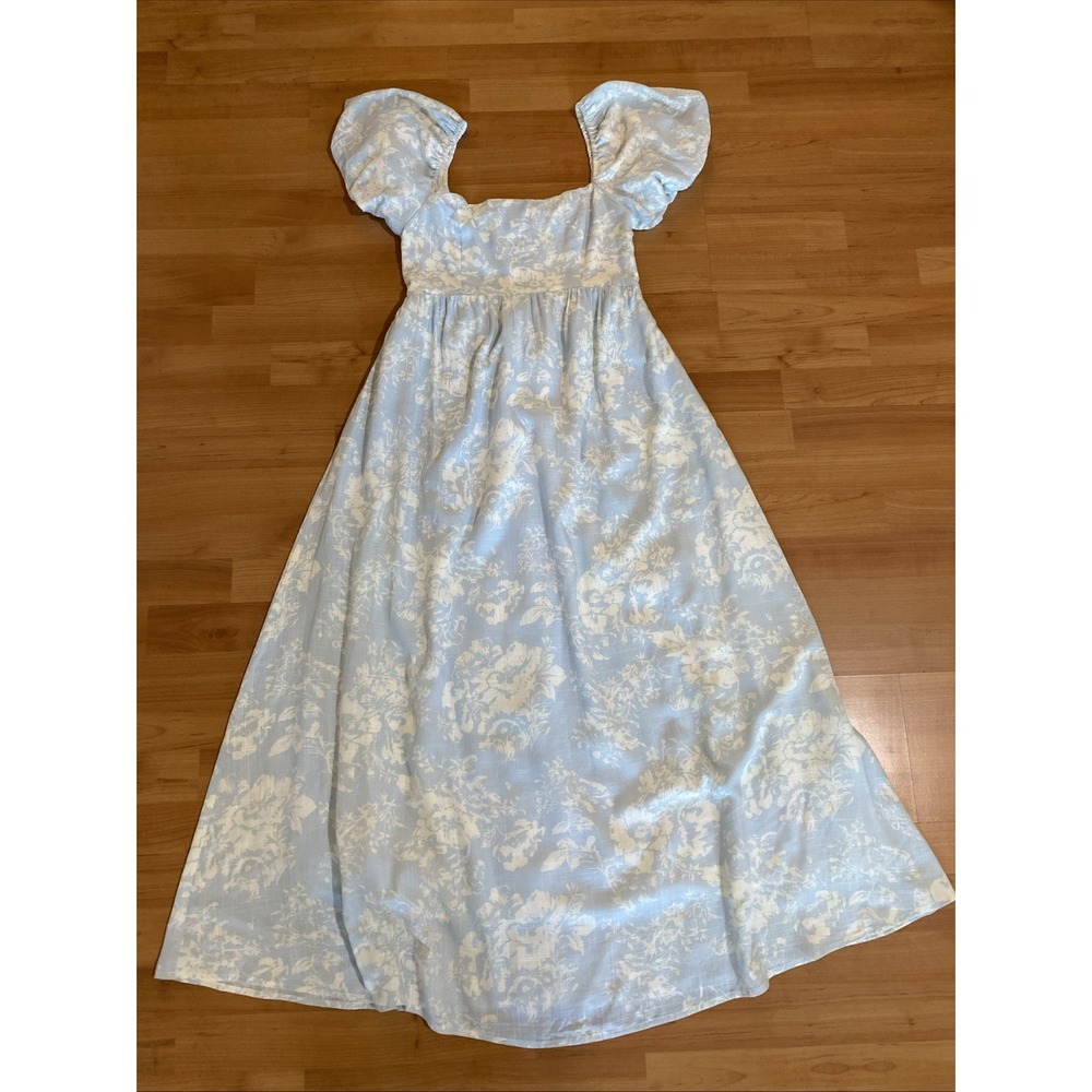 O.P.T  Zeoli Puff Sleeve Linen Blend Midi Blue White Floral Dress Size S Cottage - Picture 2 of 14